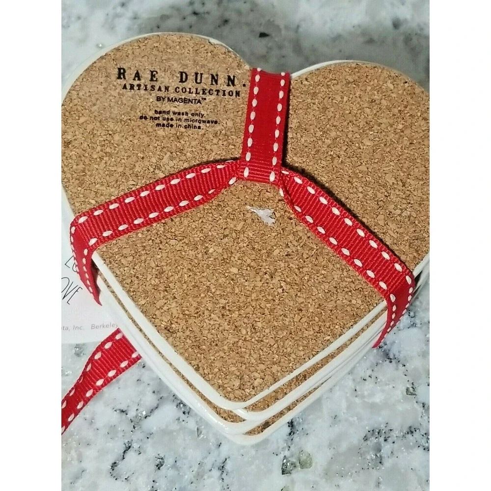 Rae Dunn Love Heart Ceramic Coasters Set of 4 White‎ Red Ribbon New